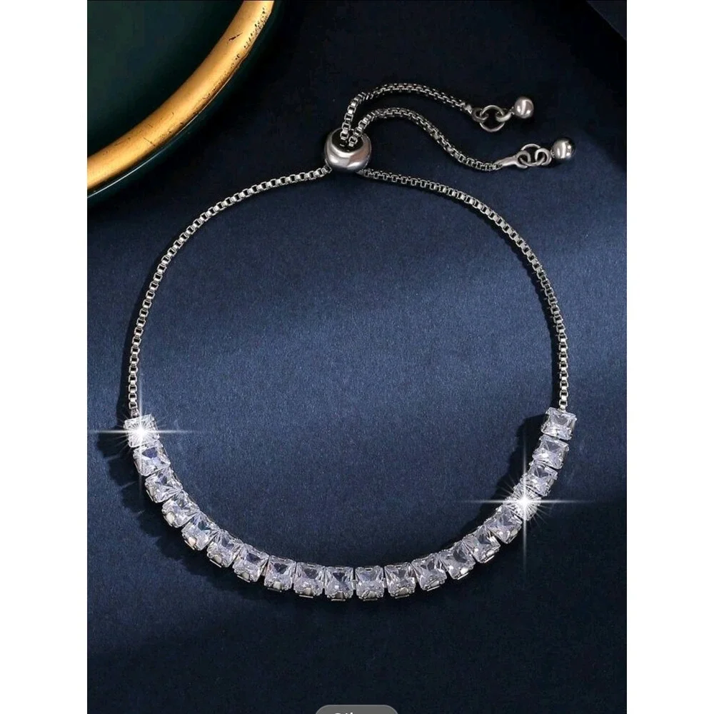 Cubic Zirconia Bracelet Adjustable Tennis Bracelet‎ Silver Plated Jewelry